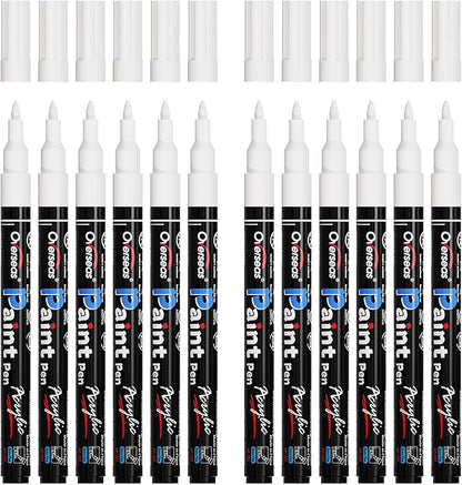 Overseas Paint Markers Pens - White Permanent Markers Acrylic Paint Pens 12 Pack, Water Based, Waterproof, 0.7mm Extra Fine Tip Acrylic Marker for Wood, Metal, Rock, Plastic, Glass, Canvas, Fabric