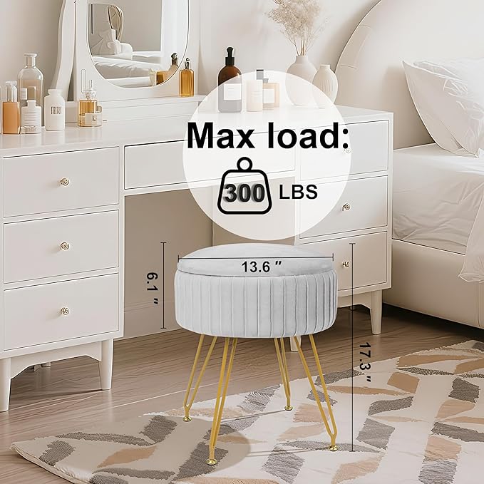 Round Vanity Stool with Storage Ottoman,Vanity Chair for Makeup Room with Removable Cover, Small Footrest Ottoman for Home, Living Room, Bedroom (Grey)