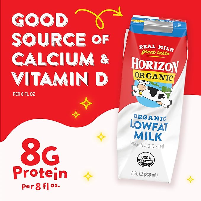 Horizon Organic Shelf Stable 1% Lowfat Milk Boxes, 8 fl oz, 6 Count - 8g Protein per Serving, USDA Organic UHT, Ready to Drink for Lunchbox, Travel, or On-the-Go, No Refrigeration Needed