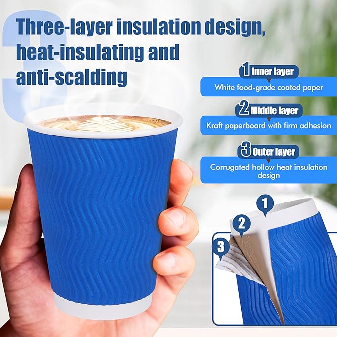 Coffee Cups, 50-Pack of 12 oz Disposable Paper Cups with Lids, Stirring Straws, Corrugated Insulated Ripple Wall for Hot & Cold Drinks（Blue）