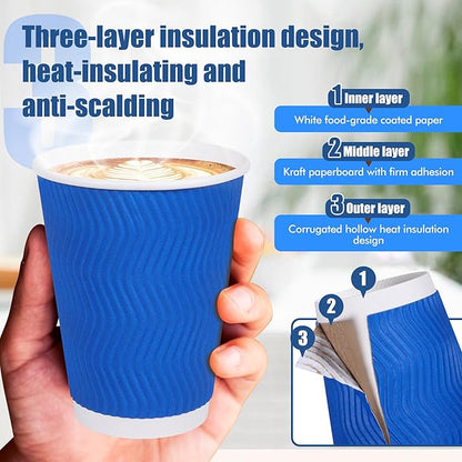 Coffee Cups, 50-Pack of 12 oz Disposable Paper Cups with Lids, Stirring Straws, Corrugated Insulated Ripple Wall for Hot & Cold Drinks（Blue）