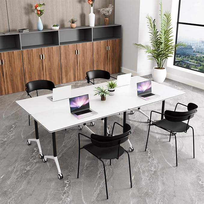 Conference Room Table, 55 Inch Folding Conference Tables with Wheels, Modern Office Meeting Table, Easy Flip & Nest Design, Rectangular Seminar Tables with Metal Frame for 2-24 People (M, 2PCS)