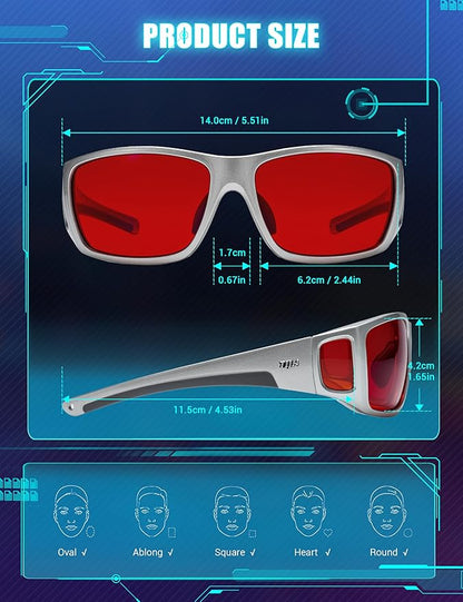 TIJN Sonia Sleep Glasses for Blue & Green Light Blocking,Red Lens with Dual AR Coating,Wraparound Frame for Gaming Screen