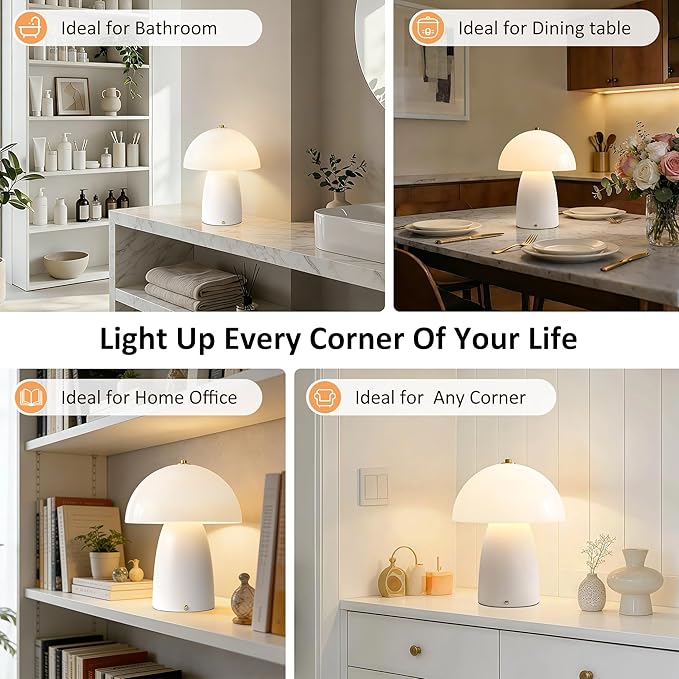11" Mushroom Table Lamp, Small Ceramic Desk Bedside Lamp with Touch Control 3-Way Dimmable & Glass Shade, Modern Nightstand Lamp for Living Room Bedroom Home Office Crackle Texture Decor-White
