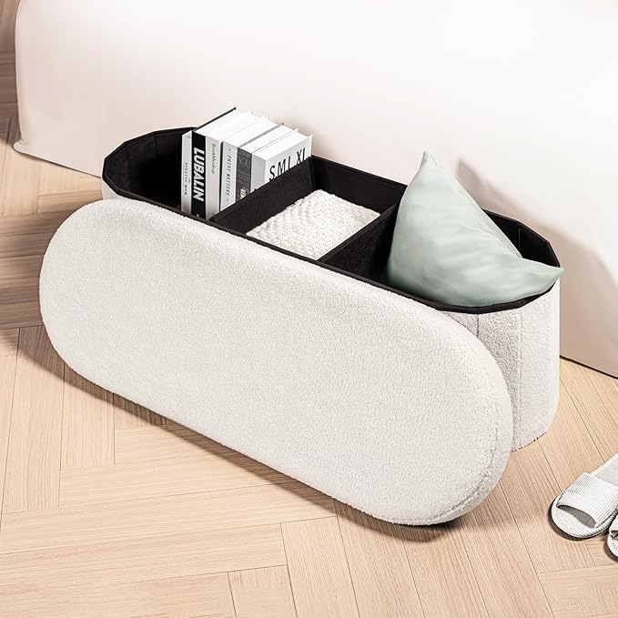 B FSOBEIIALEO Ottoman with Storage for Living Room, Sherpa Folding Storage Ottoman Foot Rest, 43.3 Inches Collapsible Bedroom Bench White