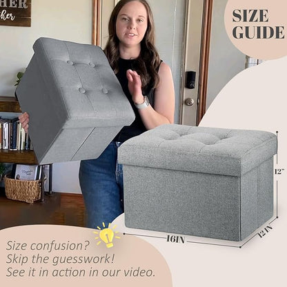 LINMAGCO Ottoman Storage Ottoman with Storage Small Foot Rest Stool Under Desk Stool Short Folding Footrest Linen Cloth Light Gray 16X12X12IN