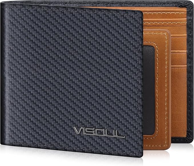 VISOUL Mens Carbon Fiber Leather Bifold Wallet with 2 ID Windows, RFID Blocking Stylish Wallet for Men with 2 Cash Compartments (Black+Yellow)
