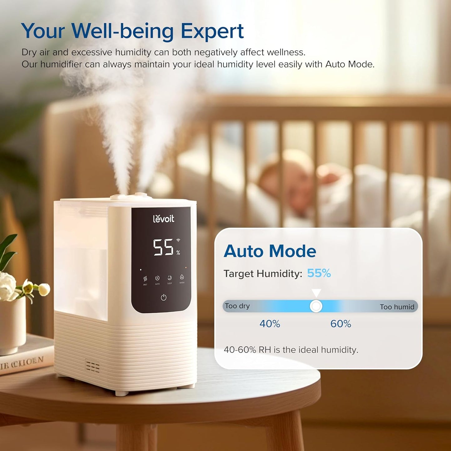 LEVOIT Humidifiers for Bedroom Large Room, Smart Warm & Cool Mist Air Humidifier for Home, Fast Symptom Relief, 26dB Quiet, Easy Top Fill, APP/Alexa, Auto Shut-Off, Essential Oil, OasisMist4.5L, White