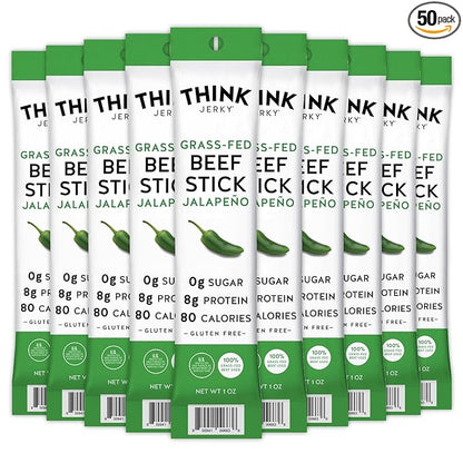 Think Jerky, Jalapeno Grass-Fed Beef Sticks, Master Case,1 Ounce (10 packs of 5) Sugar Free, Gluten Free, No Nitrates, Keto Friendly, Paleo, High Protein, Low Carb
