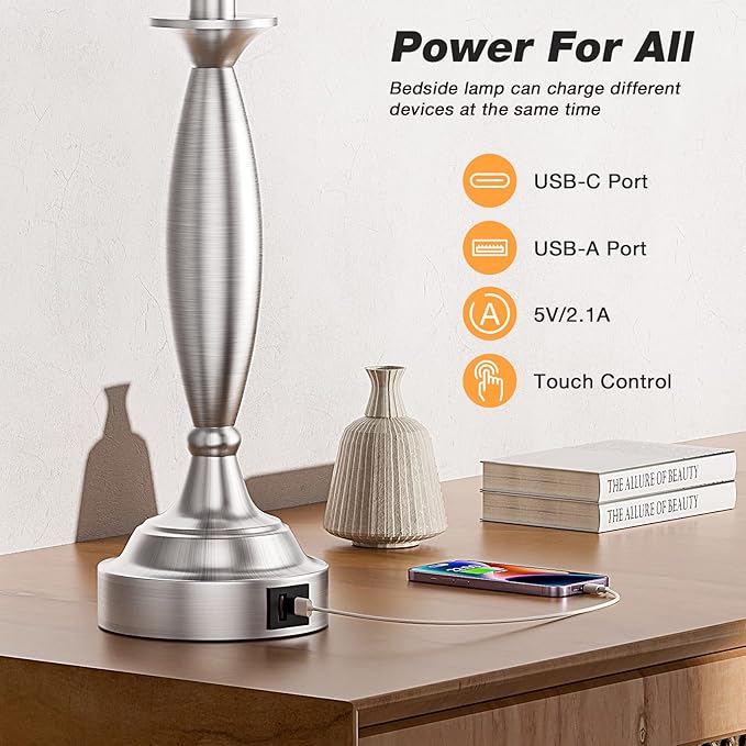 Seealle Lamps for Bedrooms - Touch Control Bedside Lamp with USB C+A, 3 Way Dimmable Nightstand Lamps with USB Port, Brushed Nickel Table Lamp for Living Room Guest Room Bed Side End Table(Single)