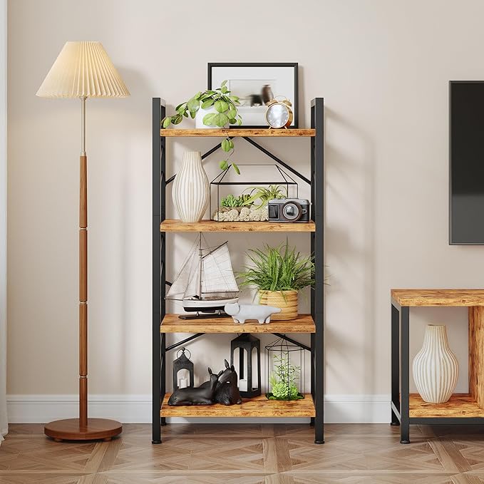 4 Tier Bookshelf, Industrial Bookcase with Metal Frame and Sidebars, Office Shelves for Small Spaces, Bedroom, Living Room, Rustic Brown