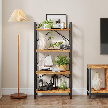 4 Tier Bookshelf, Industrial Bookcase with Metal Frame and Sidebars, Office Shelves for Small Spaces, Bedroom, Living Room, Rustic Brown