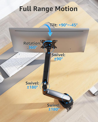 MOUNTUP Single Monitor Desk Mount Holds Screen up to 32 inch, Adjustable Gas Spring Monitor Arm, Computer Monitors Stand with Clamp/Grommet Mounting Base, VESA Mounts Fit 4.4-17.6lbs Computer, Black