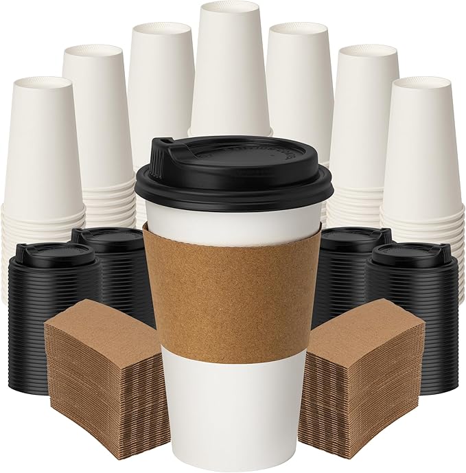 16 oz Coffee Cups with Lids and Sleeves 100 Pack,White Leak-Proof Disposable Coffee Cups for Hot/Cold Beverages, Party Supplies, To-Go Paper Cups for Coffee, Tea, Office, Picnic