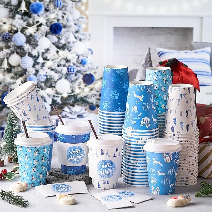 Lallisa 100 Sets Christmas Disposable Coffee Paper Cups Bulk with Lids Sleeves & Straws, 12 oz Xmas Blue and White Snowflakes Coffee Cups for Hot Cold Cocoa Tea Holiday Party Supplies