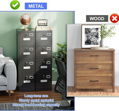 METAN Upgrade Metal 4 Drawer Files Cabinet for Home Office,Lockable Steel File Storage Cabinet with 4 Locks for Hanging Legal/Letter A4 Size, Assembly Required,Black