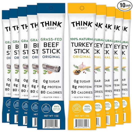 Think Jerky Stick Variety Pack, Sugar Free, Gluten Free, No Nitrates Keto Friendly Paleo High Protein - 1.0 oz (Pack of 10)