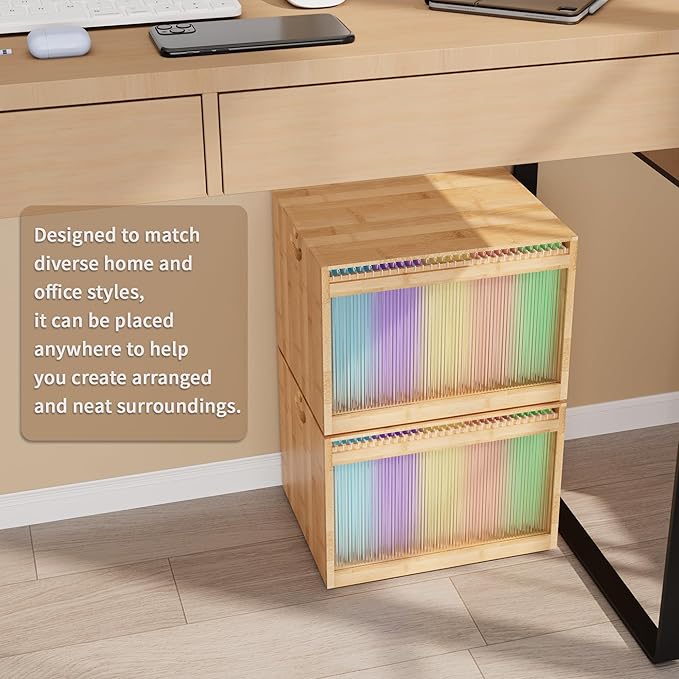 Bamboo Hanging File Boxes with Lids 2 Pack, File Organizer Box for Letter/Legal File, File Box with Hanging Folders Acrylic Light Easy Assembly File Storage Boxes for Home Office, Natural