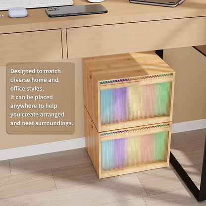 Bamboo Hanging File Boxes with Lids 2 Pack, File Organizer Box for Letter/Legal File, File Box with Hanging Folders Acrylic Light Easy Assembly File Storage Boxes for Home Office, Natural