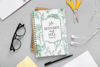Christian Notebook for Women, Christian Art Gifts Journal, Prayer Journal for Women, Bible Journaling Notebook, PSALM 23:3 He Restores My Soul Floral Spiral Notebook 5.5x8.3