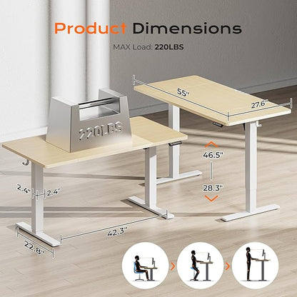 Huuger 55 x 28 Large Electric Standing Desk, Height Adjustable Desk, 27.6" Deep Desktop, Stand up Gaming Computer Office Desk with 2 Hooks, 3 Preset Heights, for Home Office, Natural