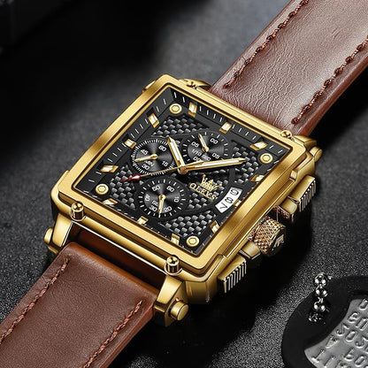 OLEVS Men's Chronograph Leather Watch, Big Face Easy to Read Analog Quartz Dress Watch, Casual Waterproof Luminous Hands Date Watches for Men, White/Blue/Black/Gold Dial