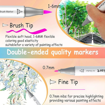 Caliart Alcohol Markers Brush Tip, 121 Colors Dual Tip Coloring Marker Pen Set Brush & Fine, Art Supplies Kit Gift for Adults Coloring Book Artists Sketch Drawing Illustration