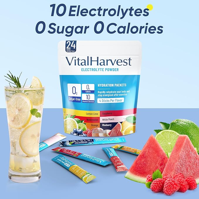 VitalHarvest 24 Sticks Electrolytes Powder Packets 6 Flavors Sugar Free Hydration Packets Electrolyte Liquid Daily IV Drink Mix with Lemon Lime, Watermelon, Orange, Raspberry, White Peach, Blueberry