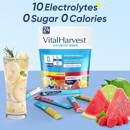 VitalHarvest 24 Sticks Electrolytes Powder Packets 6 Flavors Sugar Free Hydration Packets Electrolyte Liquid Daily IV Drink Mix with Lemon Lime, Watermelon, Orange, Raspberry, White Peach, Blueberry