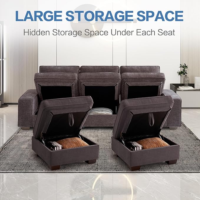 TEKAMON 100" Modular Sectional Sofa with Seats Storage, U Shaped Couch with Movable Ottomans, Chenille Fabric Couch for Living Room, USB Port,Removable Cover(DKGrey, 3 Seater & 2 Ottomans-U Shape)