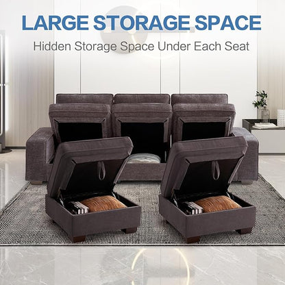 TEKAMON 100" Modular Sectional Sofa with Seats Storage, U Shaped Couch with Movable Ottomans, Chenille Fabric Couch for Living Room, USB Port,Removable Cover(DKGrey, 3 Seater & 2 Ottomans-U Shape)