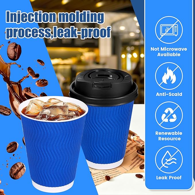 Coffee Cups, 50-Pack of 12 oz Disposable Paper Cups with Lids, Stirring Straws, Corrugated Insulated Ripple Wall for Hot & Cold Drinks（Blue）