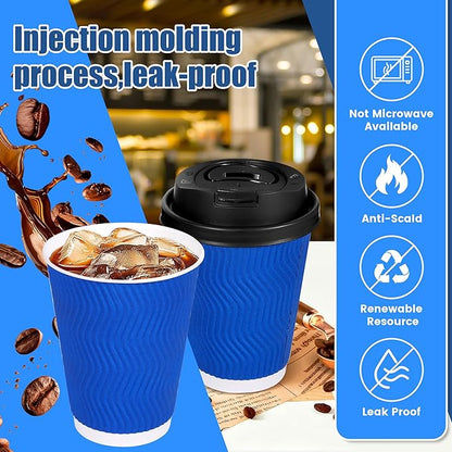 Coffee Cups, 50-Pack of 12 oz Disposable Paper Cups with Lids, Stirring Straws, Corrugated Insulated Ripple Wall for Hot & Cold Drinks（Blue）