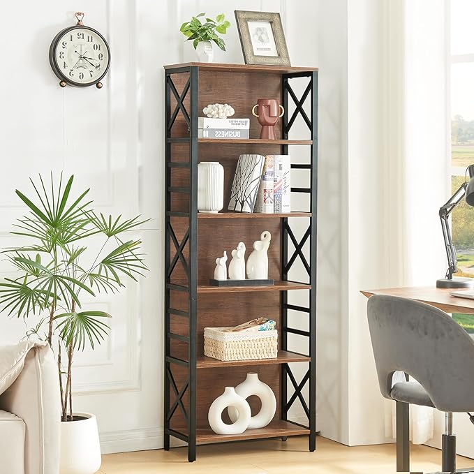 HOMBAZAAR 6 Tier Bookshelf, 65.8 Inch Tall Rustic Bookshelf with Metal Frame, Industrial Heavy Duty Bookshelves and Bookcases, Open Book Shelf for Office, Living Room and Library, Brown
