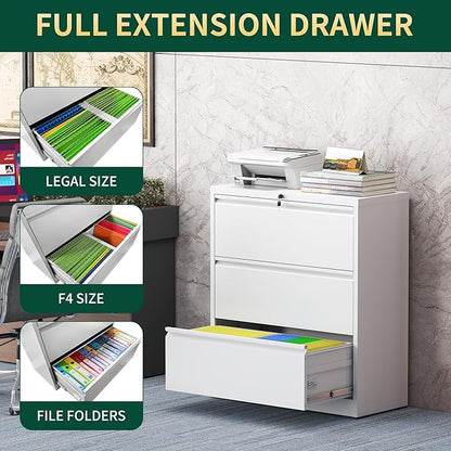 3 Drawer Lateral File Cabinet with Lock, Metal File Cabinets for Home Office, Steel Heavy-Duty Filing Storage Cabinet for Letters/Legal/A4 (Require Assembly, White)