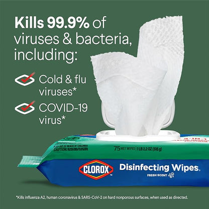 Clorox Disinfecting Wipes Flex Pack, Bleach Free, Fresh Scent, 75 Count, Pack of 3 (Pack May Vary)