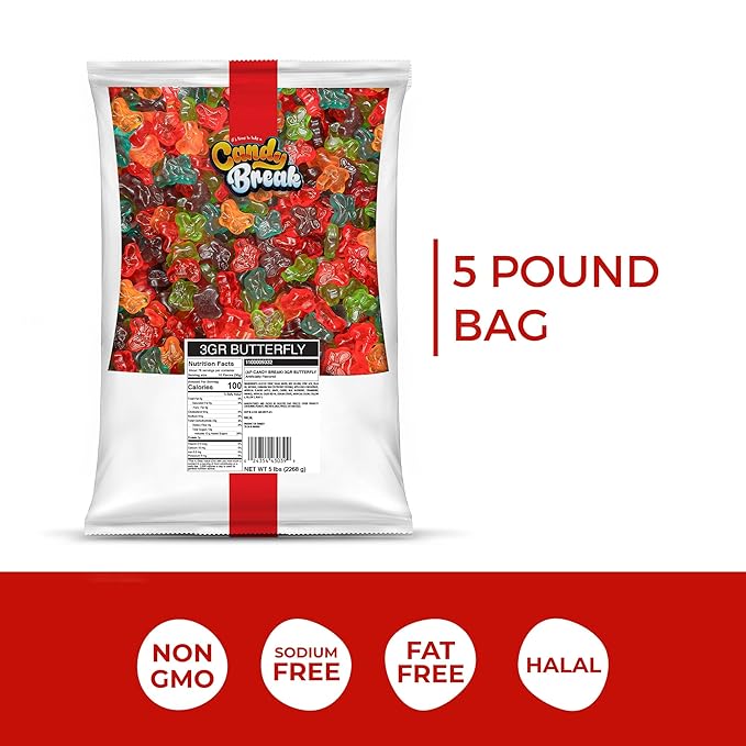Candy Break Butterfly Gummy Candy, Fruity & Sweet Gummy Candies with 5 Fruit Flavors, Mix Pack, 5 lbs Share Size Bag, Pack of 1