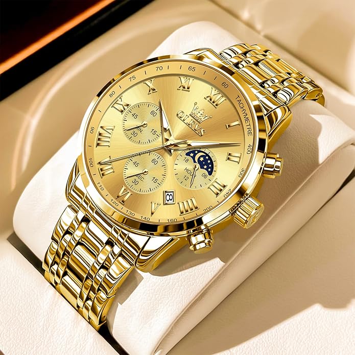 OLEVS Mens Stainless Steel Chronograph Watch, Big Face Roman Numerals Date Analog Quartz Dress Watches for Men, Fashion Multifunctional Waterproof Luminous Hands Men's Wristwatch