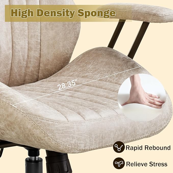High Back Padded Headrest Office Chair, Suede Ergonomic Executive Office Chair with Lumbar Support, Adjustable Height Home Office Desk Chair with Armrests, Rolling Swivel Computer Gaming Chair, Beige