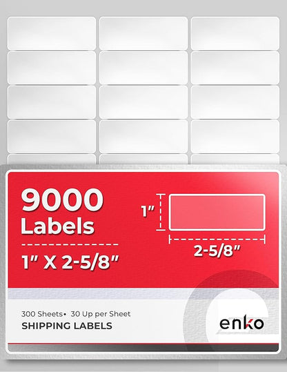 enKo 1 x 2-5/8 Inch 30 Up Return Mailing Address Labels White Printable FBA Labels (300 Sheets, 9000 Labels)