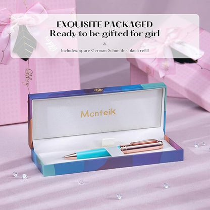 Luxury Gel Pen, Top Set With 8mm Brilliant Diamond,Delicate Green Pen Lacquer,Rose Real Gold Finish, Black Ink Refill,Fancy Gift Pen For Girl, Unique, Professional, Office Pens