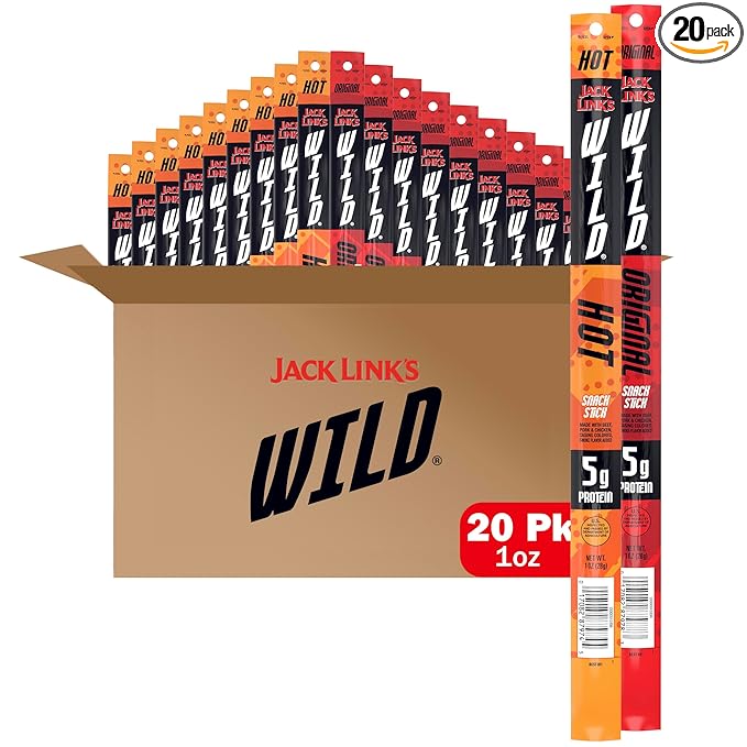 Jack Link's WILD Snack Sticks, Original and Hot Variety Pack - Protein Snack Sticks with 5g of Protein per Serving, Keto Friendly, Great Stocking Stuffers, Individually Wrapped - 1.0 Oz. (Pack of 20)