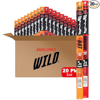 Jack Link's WILD Snack Sticks, Original and Hot Variety Pack - Protein Snack Sticks with 5g of Protein per Serving, Keto Friendly, Great Stocking Stuffers, Individually Wrapped - 1.0 Oz. (Pack of 20)