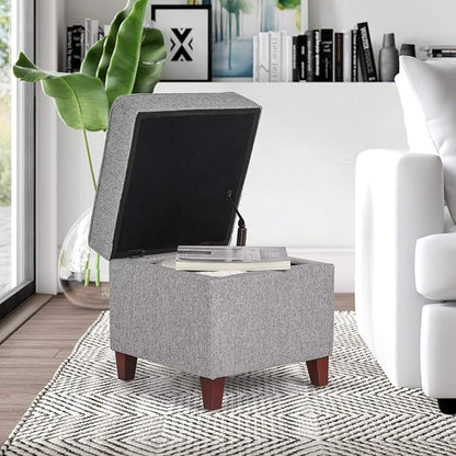 Adeco 17" Square Ottoman with Storage, Small Blue Storage Ottoman Foot Rest with Hinged Lid & Solid Wood Legs, Linen Fabric Foot Stool for Living Room & Bedroom