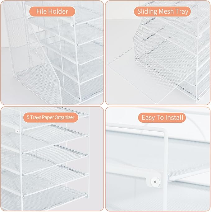 Desk Organizers and Accessories, 5-Tier Paper Letter Tray Organizer with File Holder, Desktop Organizer for Office Supplies (White)