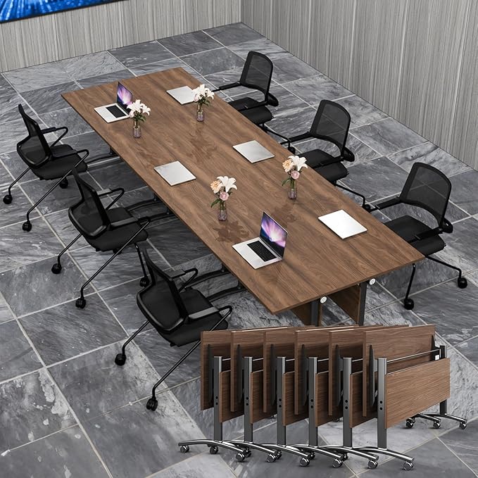 Conference Table Folding Conference Room Tables, Modern Mobile Meeting Training Table with Silent Wheels, Foldable Seminar Table for Offices, Classrooms, Libraries (6, Walnut, 70.8in)