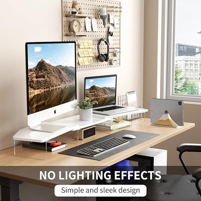 LED Dual Monitor Stand Riser for 2 Monitors, Office Desktop Wooden Stand Adjustable Length and Angle 3 Shelf, Extra Long Multifunctional Stand up to 44.4" for Computer, Laptop, TV, White