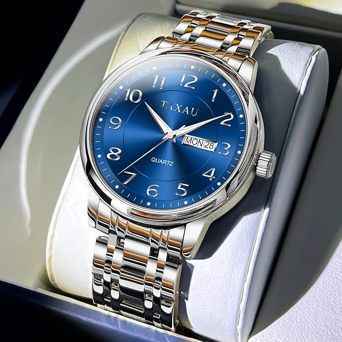 Stainless Steel Mens Watches with Day Date Quartz Analog Large Face Classic Watch Arabic Numerals Dress Luminous Rlojes para Hombres