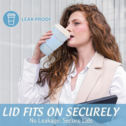 Whaline 100 Pcs Light Blue Disposable Coffee Cups with Lids and Sleeves 16 Oz Insulated To Go Paper Cups for Winter Home Restaurant Travel Wedding Birthday Baby Shower Party Supplies