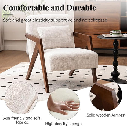 Mid Century Modern Accent Chair with Solid Wood Frame，Upholstered Chenille Living Room Arm Chairs with Pillow for Bedroom, Living Room, Reading Room, Balcony (2, Beige)